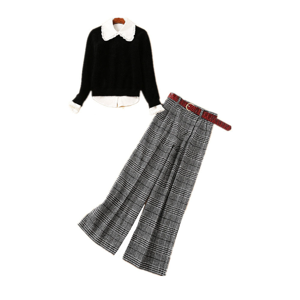Women’s Three-Pieces Suit, Wooden Ear Shirt With Mohair Sweater And Plaid Wide-leg Pants