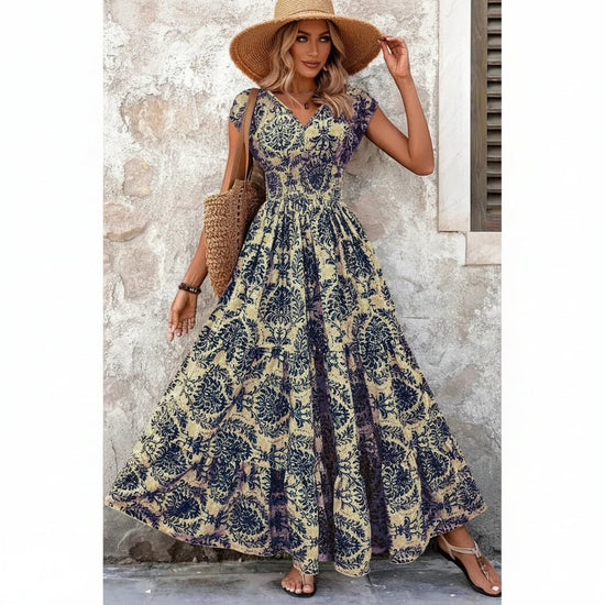 Womens Vintage Floral Print Maxi Dress V-Neck Loose Fit S–XXL 6 Colours - QHA UK