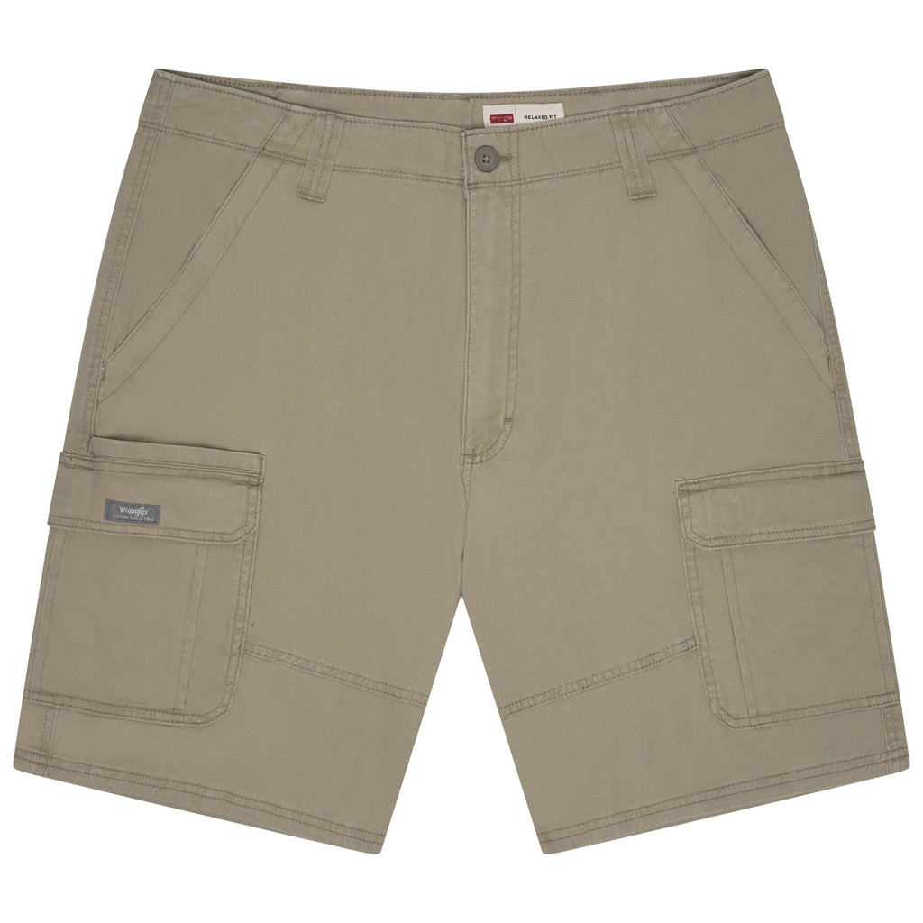 Beige shorts with multiple pockets on a white background