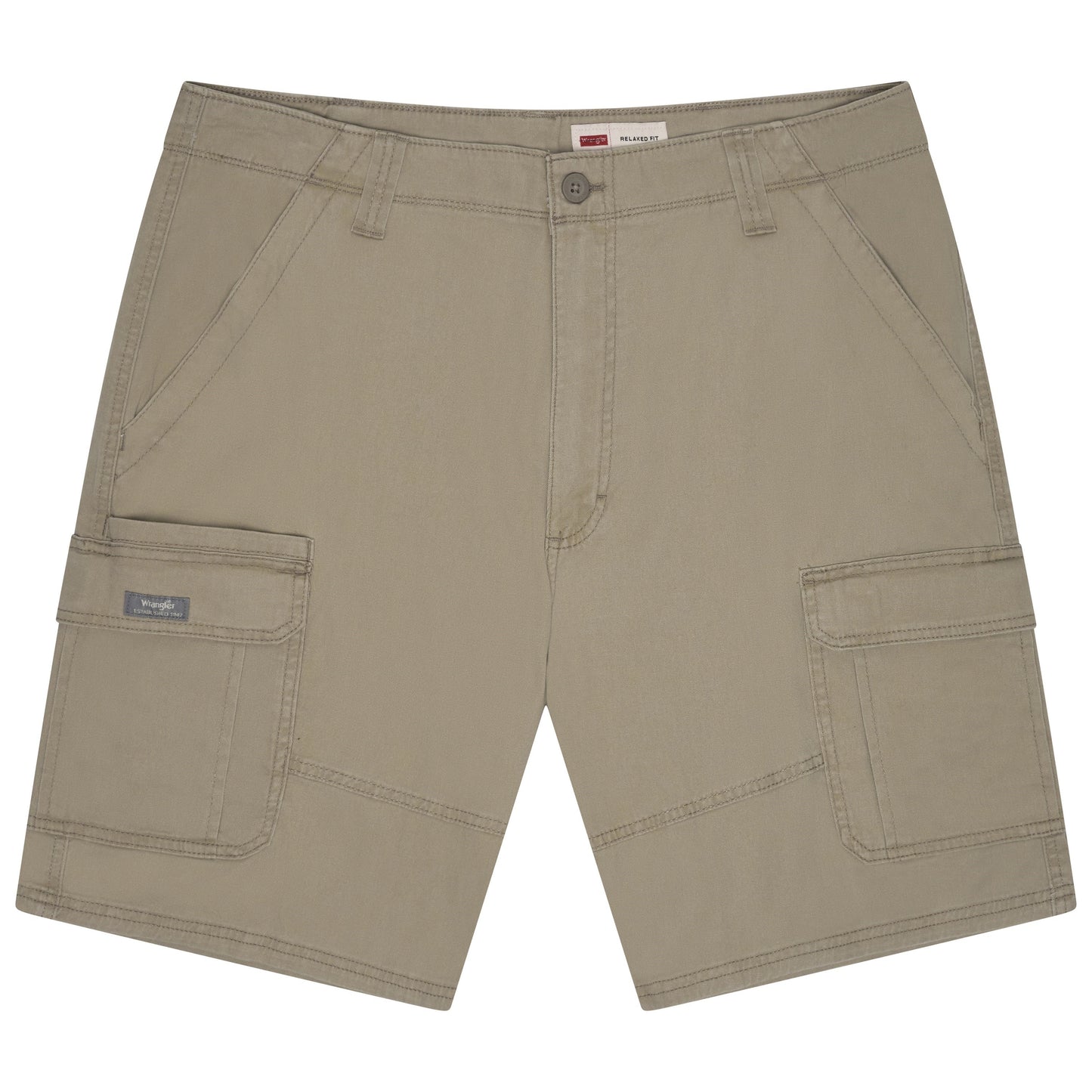 Beige shorts with multiple pockets on a white background