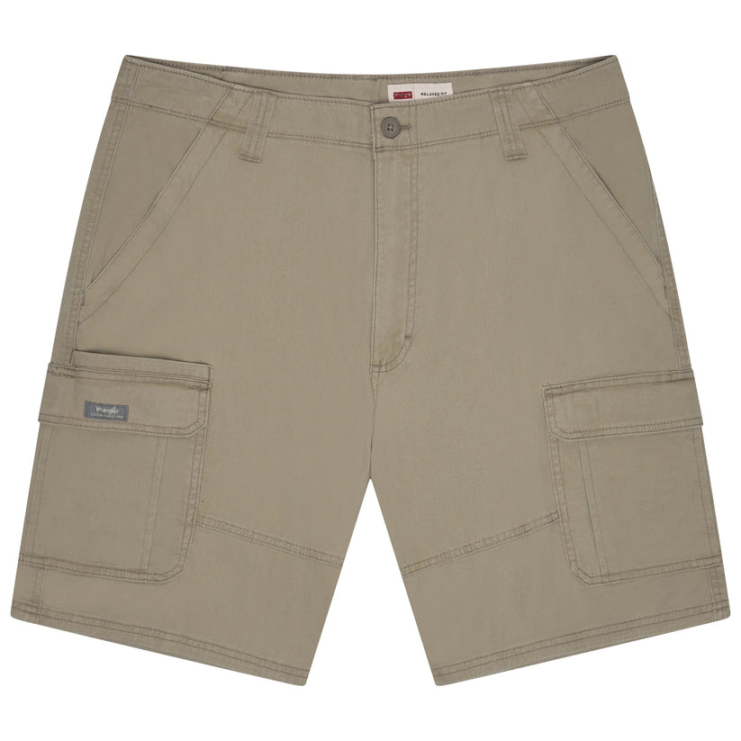 Beige shorts with multiple pockets on a white background