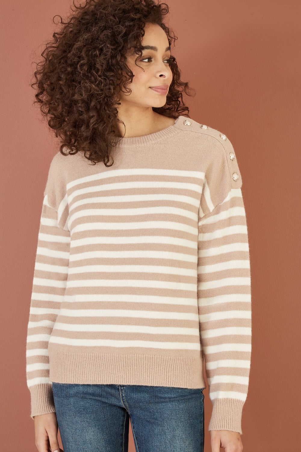 Yumi Beige Stripe Knitted Relaxed Jumper With Button Details