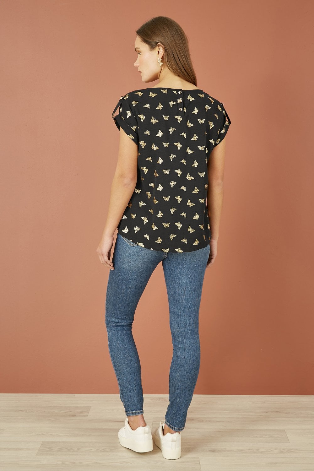 Yumi Black Foil Butterfly Print Top