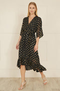 Yumi Women’s Black Foil Print Wrap Midi Dress Dip Hem Kimono Sleeves
