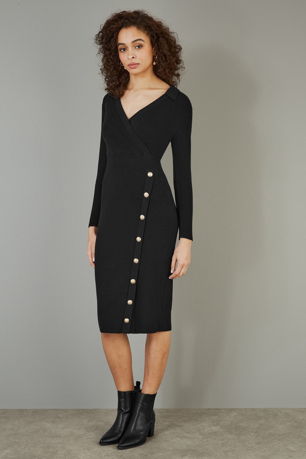 Yumi Black Knitted Midi Dress With Asymmetric Button Details