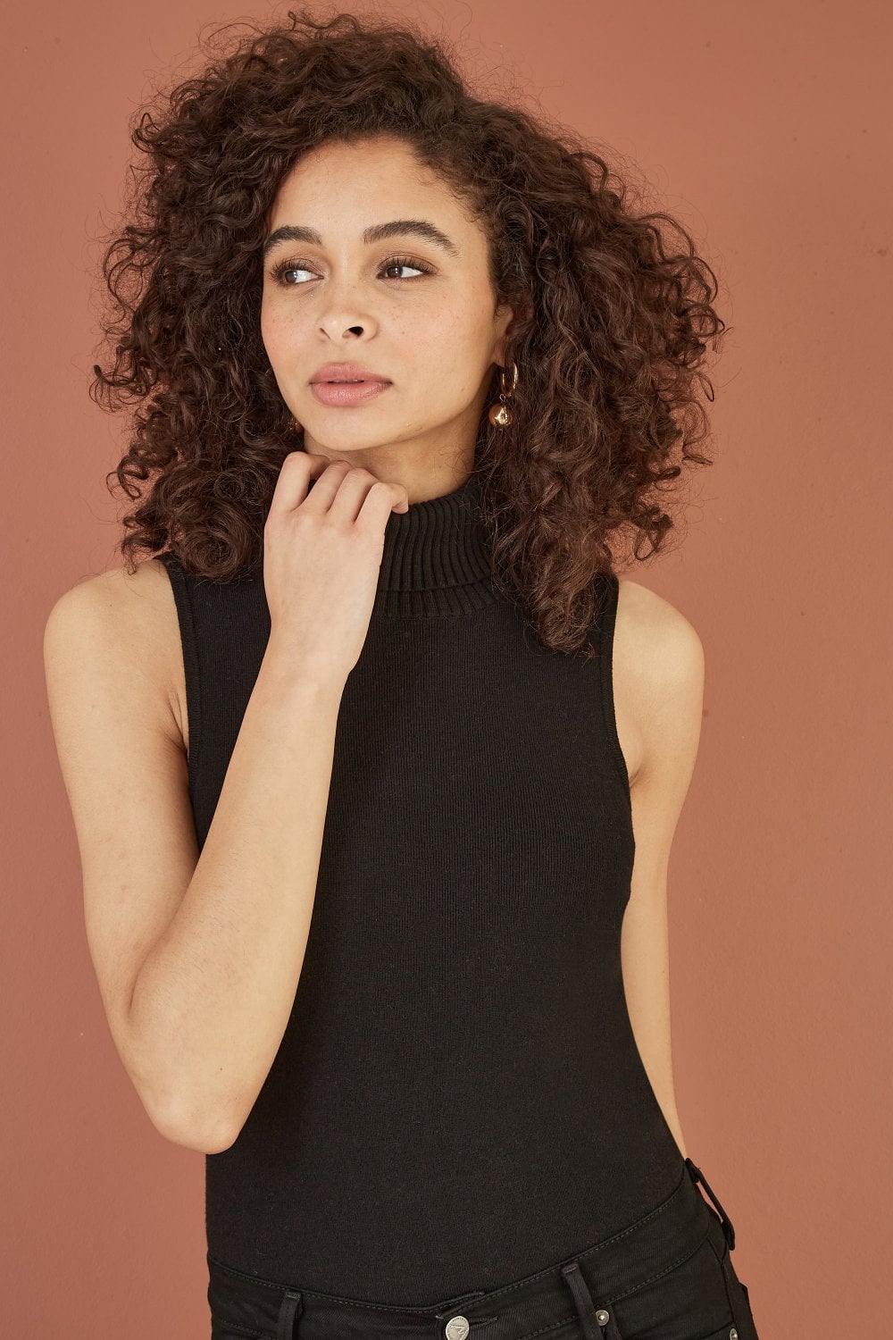 Yumi Black Knitted Roll Neck Sleeveless Jumper