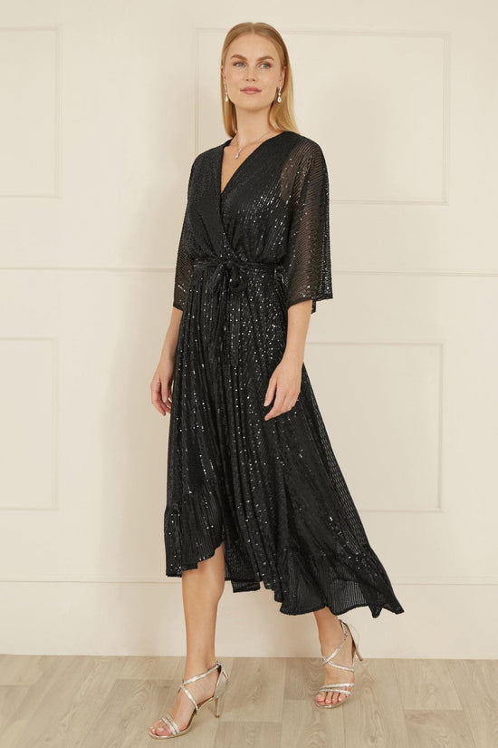 Yumi Black Sequin Kimono Midi Wrap Dress - QHA UK