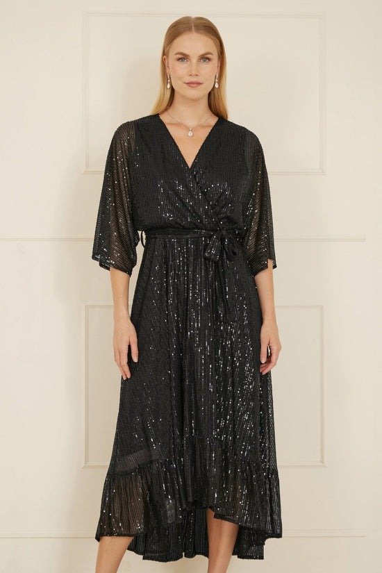 Yumi Black Sequin Kimono Midi Wrap Dress - QHA UK