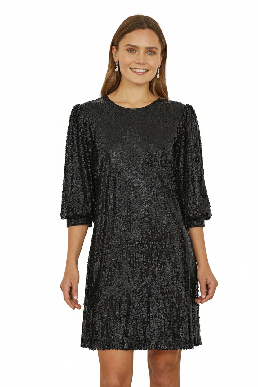 Yumi Womens Black Sequin Tunic Dress Balloon Sleeves UK 6–18