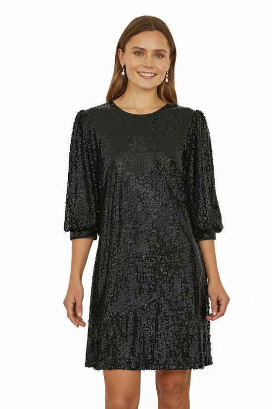 Yumi Womens Black Sequin Tunic Dress Balloon Sleeves UK 6–18