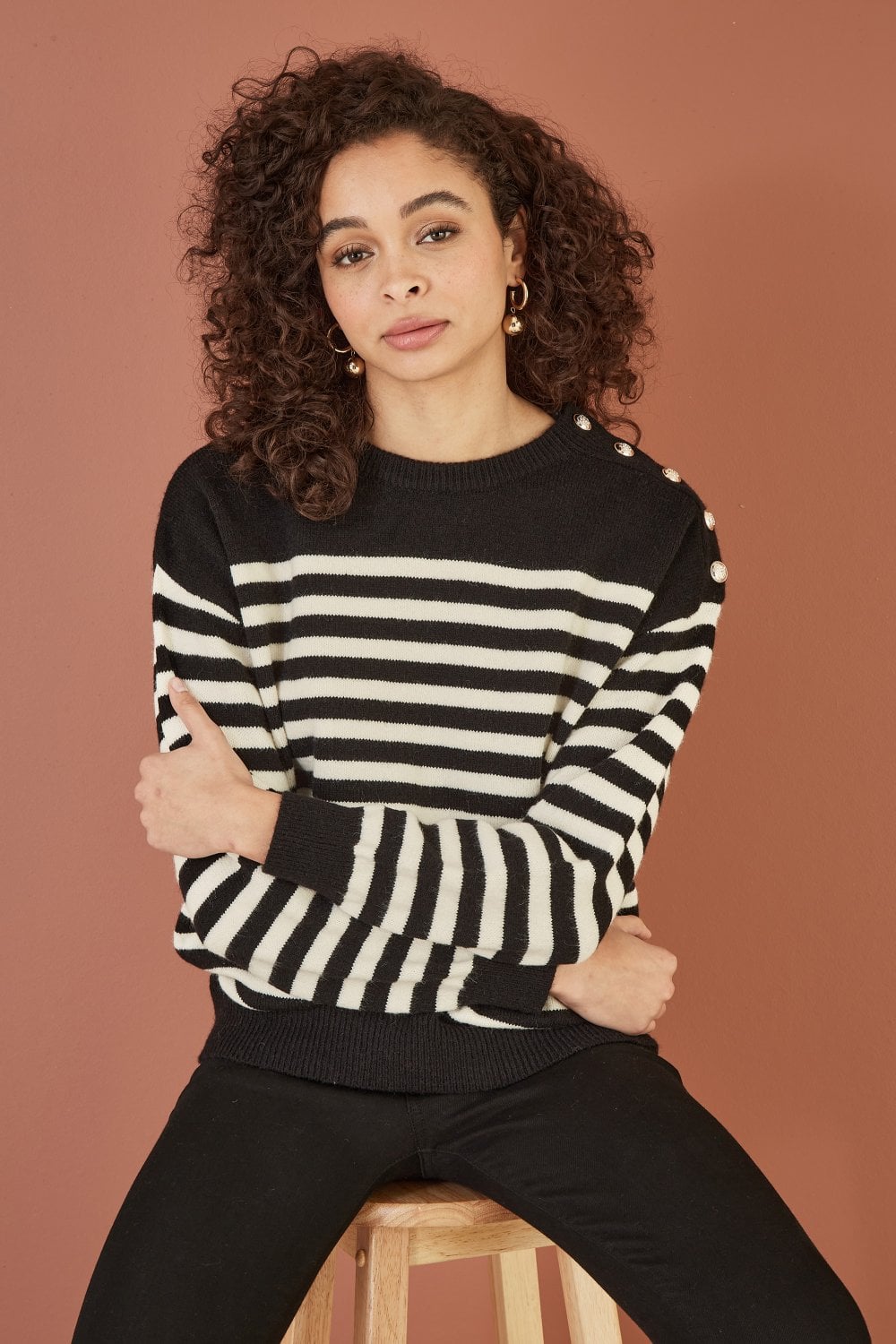 Yumi Black Stripe Knitted Relaxed Jumper With Button Details