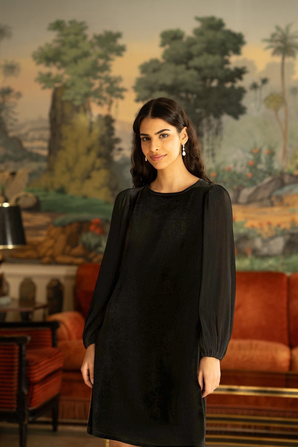 Yumi Black Velvet Tunic Dress with Pleated Balloon Sleeves And Tie Back