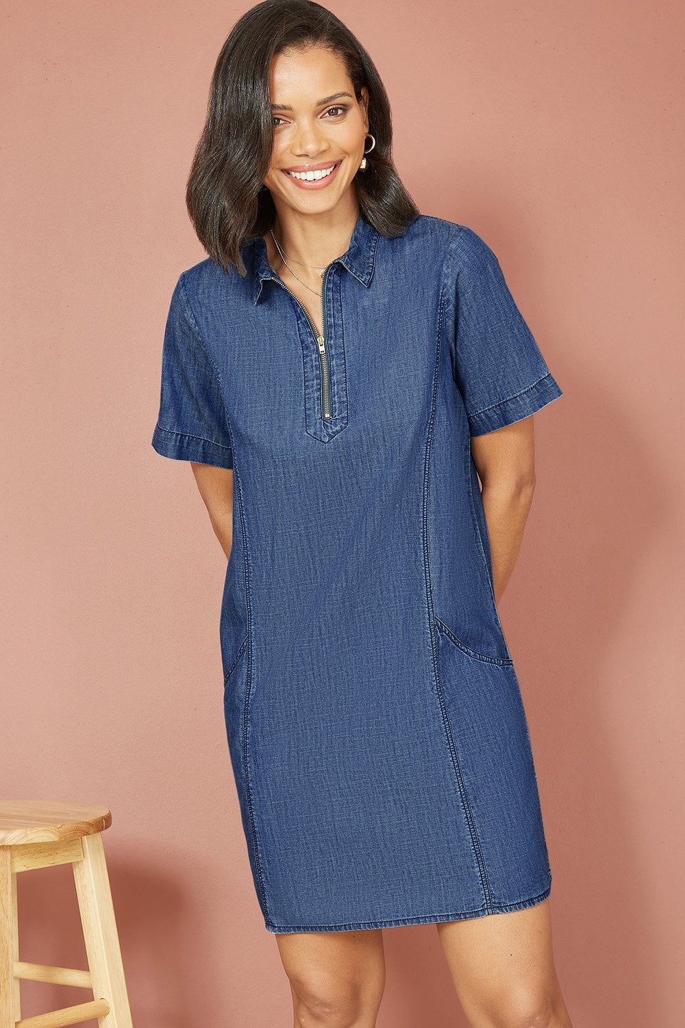 Yumi Blue Cotton Chambray Tunic With Zip Neckline