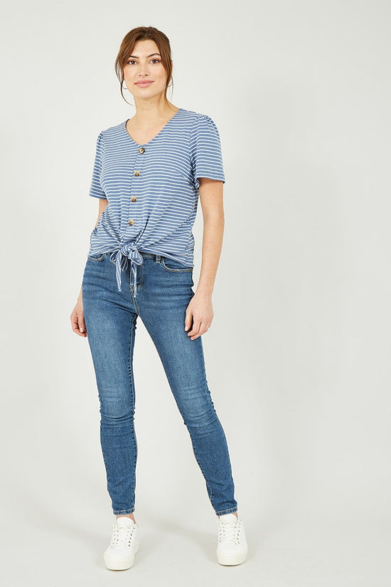 Yumi Blue Striped Jersey Button Detail Top - QHA UK