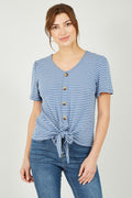 Yumi Blue Striped Jersey Button Detail Top - QHA UK