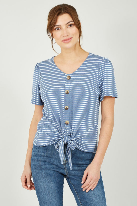 Yumi Blue Striped Jersey Button Detail Top - QHA UK