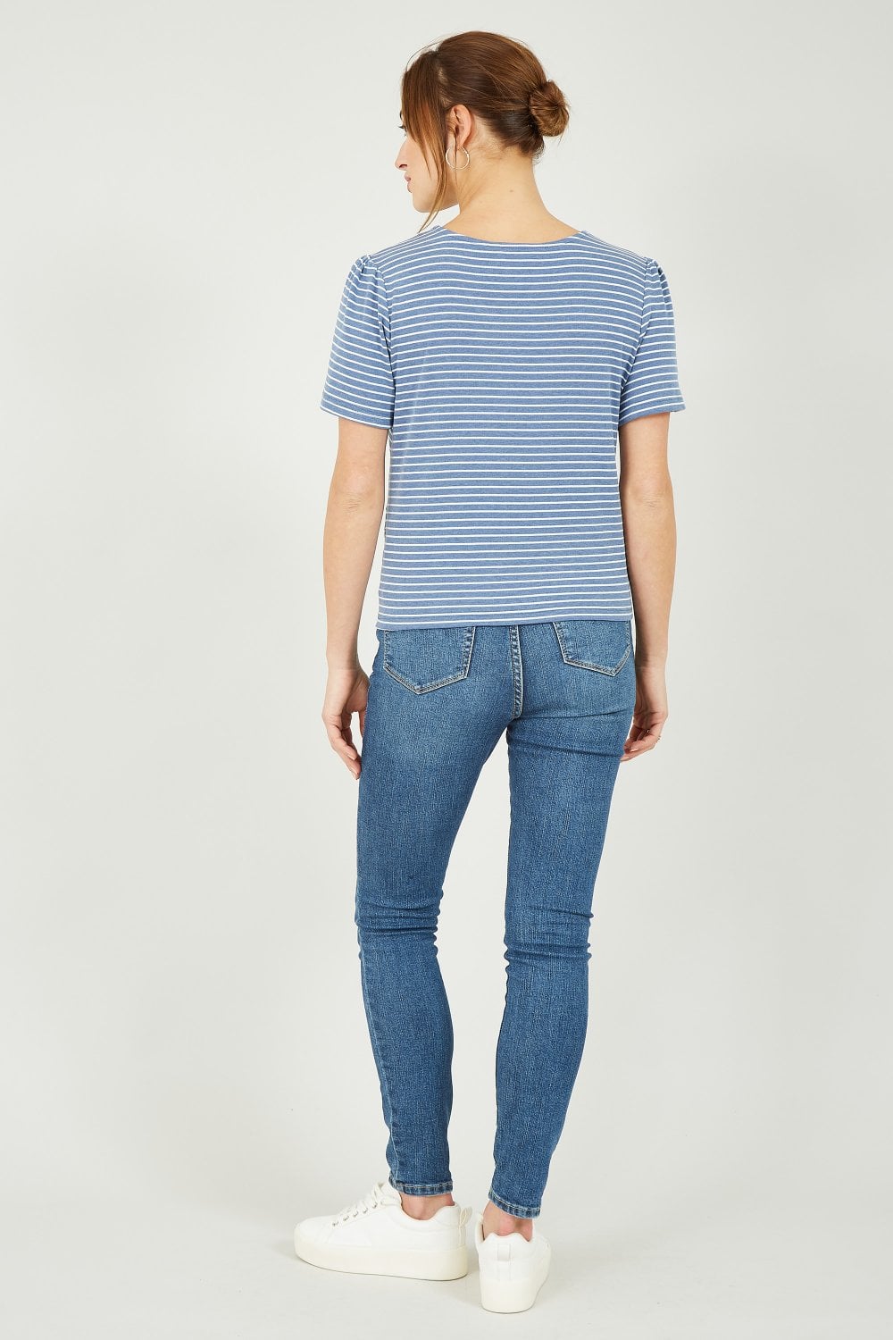 Yumi Blue Striped Jersey Button Detail Top