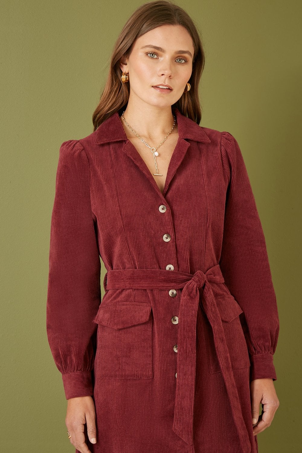 Yumi Burgundy Cord Midi Shirt Dress