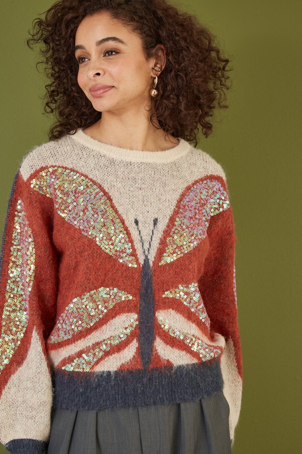 Yumi Cream Butterfly Sequin Knitted Jumper