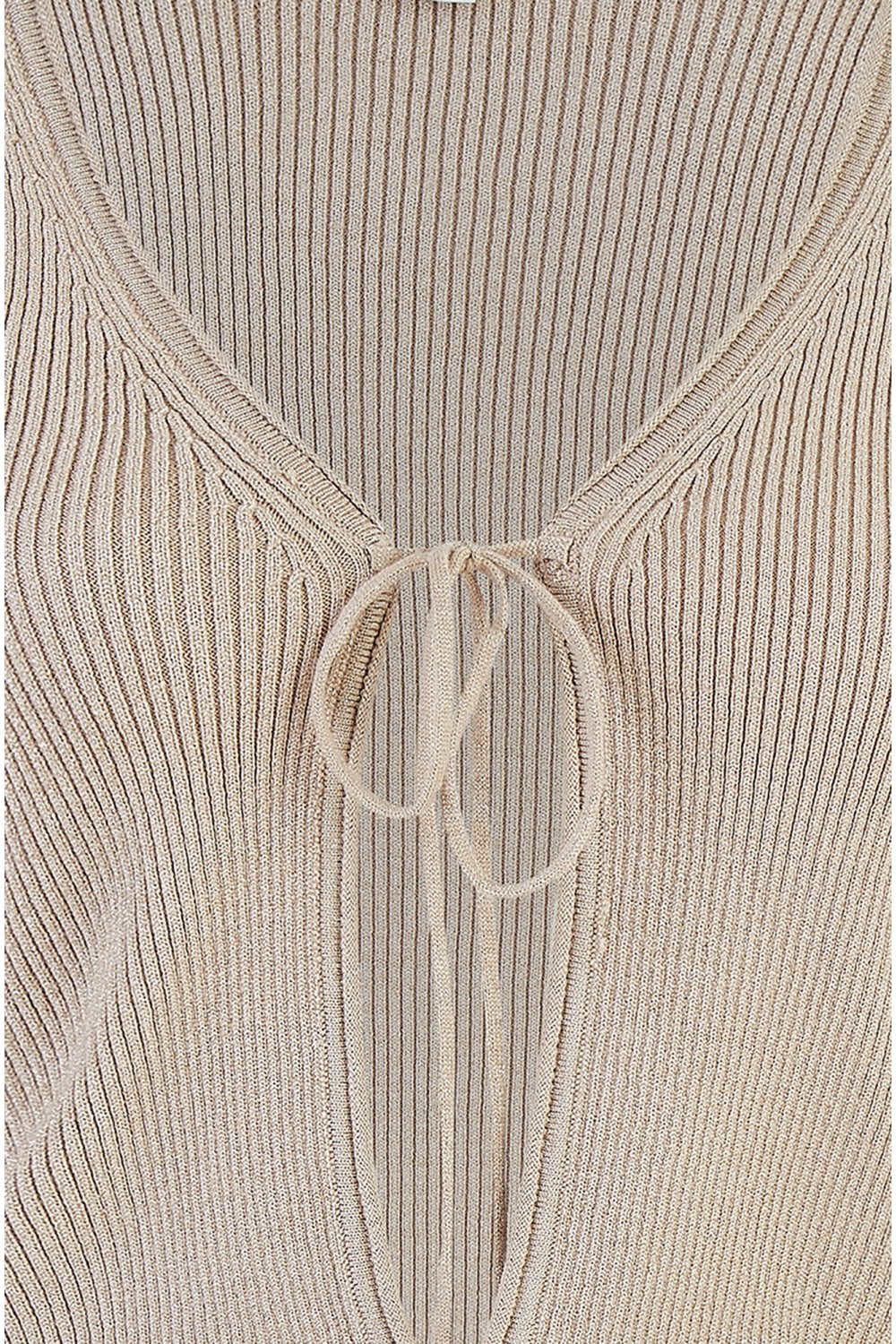 Yumi Gold Metallic Knitted Ribbed Tie Front Bolero