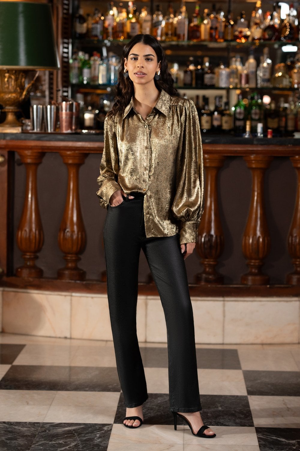 Yumi Gold Metallic Relaxed Balloon Sleeve Shirt