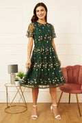 Yumi Green Embroidered Floral Skater Dress - QHA UK