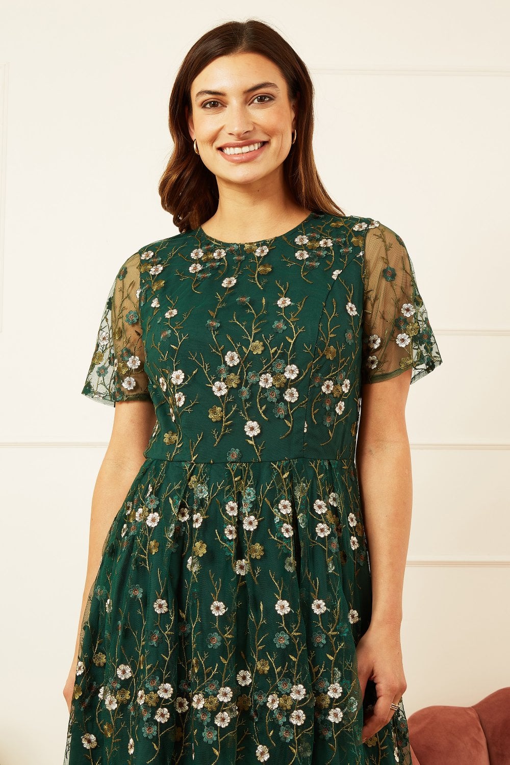Yumi Women's Green Floral Embroidered Sheer Sleeve Skater Dress