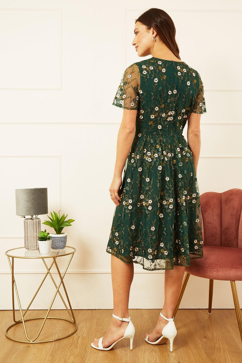 Yumi Women's Green Floral Embroidered Sheer Sleeve Skater Dress
