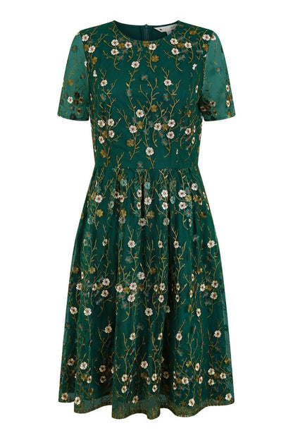 Yumi Women's Green Floral Embroidered Sheer Sleeve Skater Dress