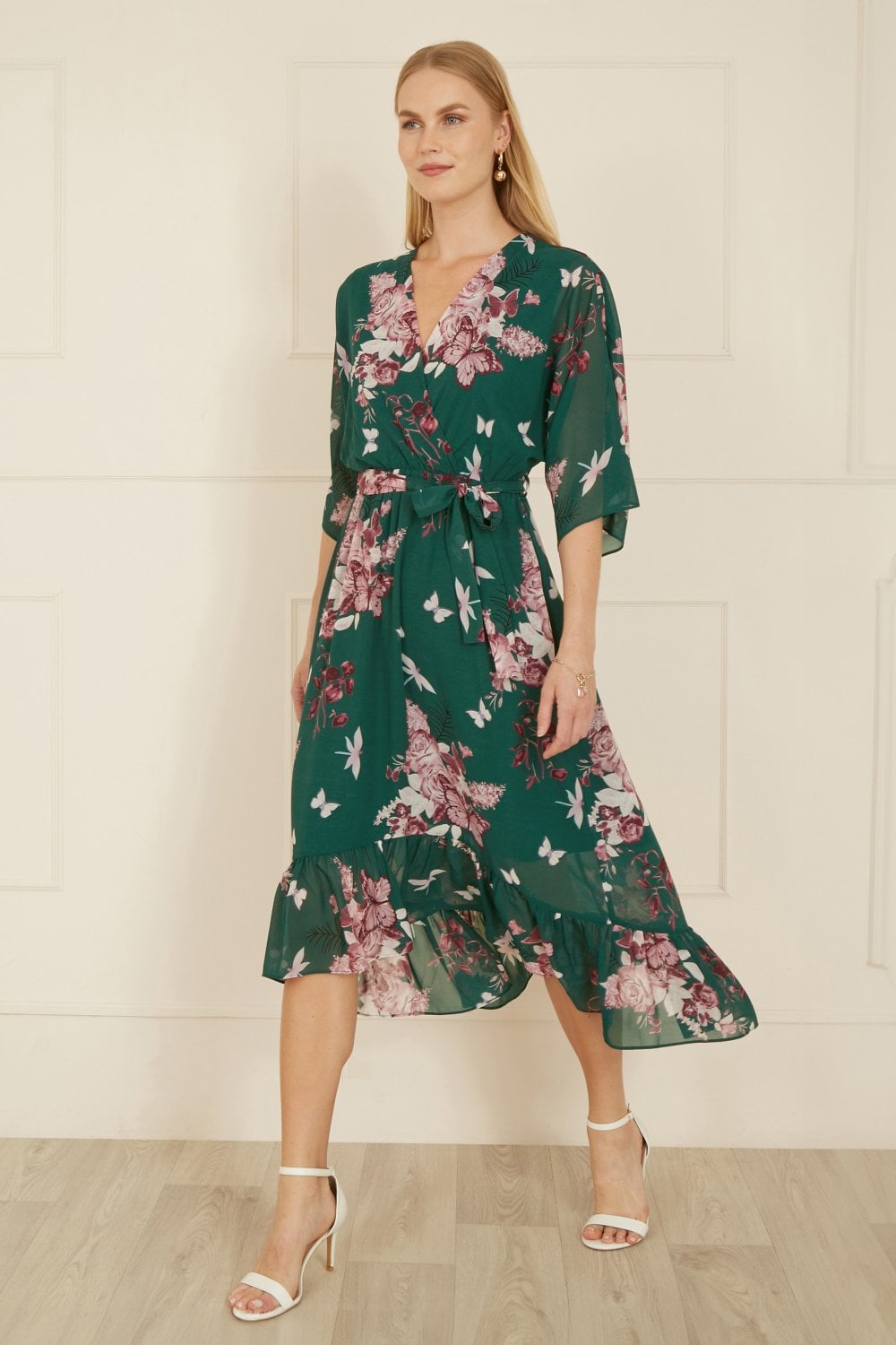 Yumi Green Floral Kimono Dipped Hem Dress - QHA UK