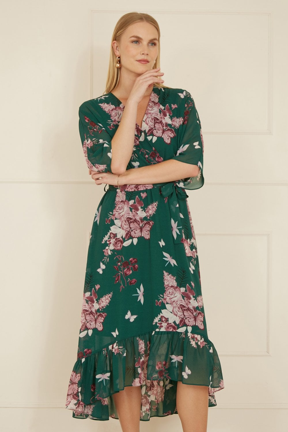 Yumi Green Floral Kimono Dipped Hem Dress - QHA UK