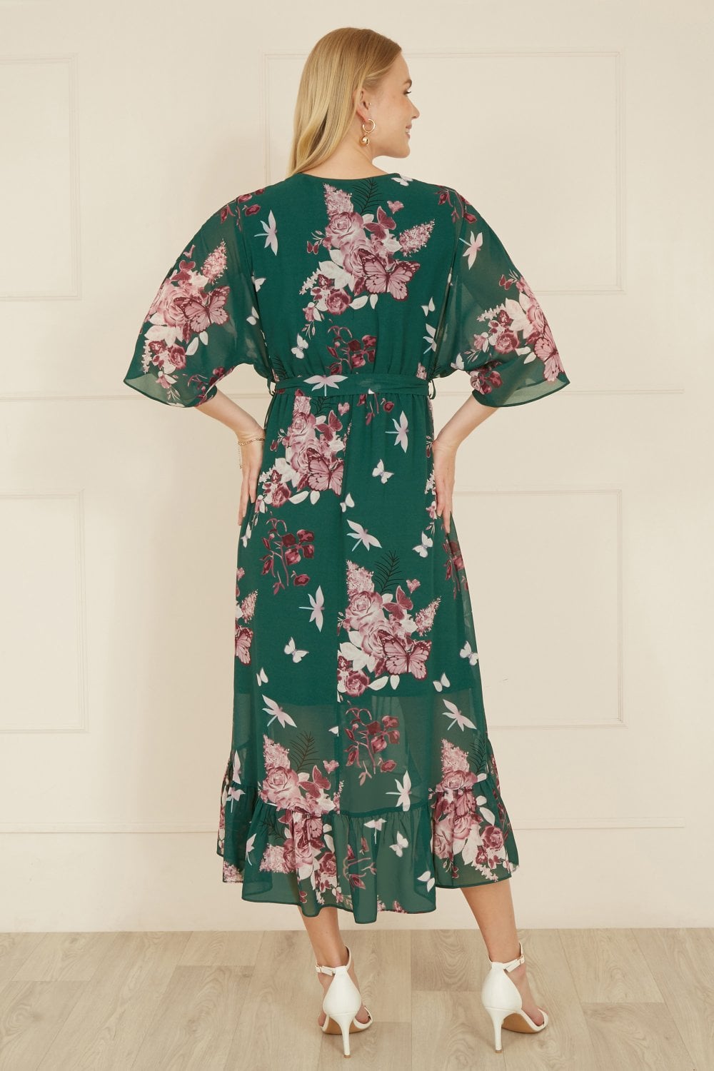 Yumi Green Floral Kimono Dipped Hem Dress - QHA UK