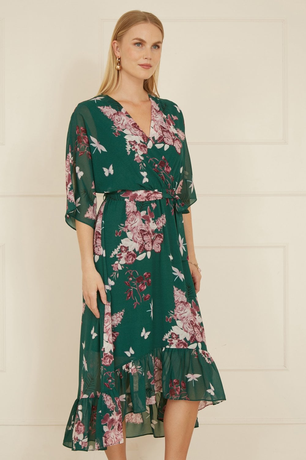 Yumi Green Floral Kimono Dipped Hem Dress - QHA UK