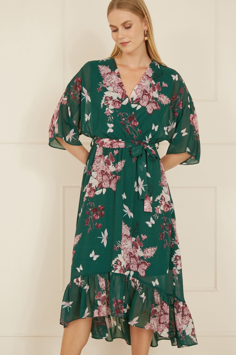 Yumi Green Floral Kimono Dipped Hem Dress - QHA UK