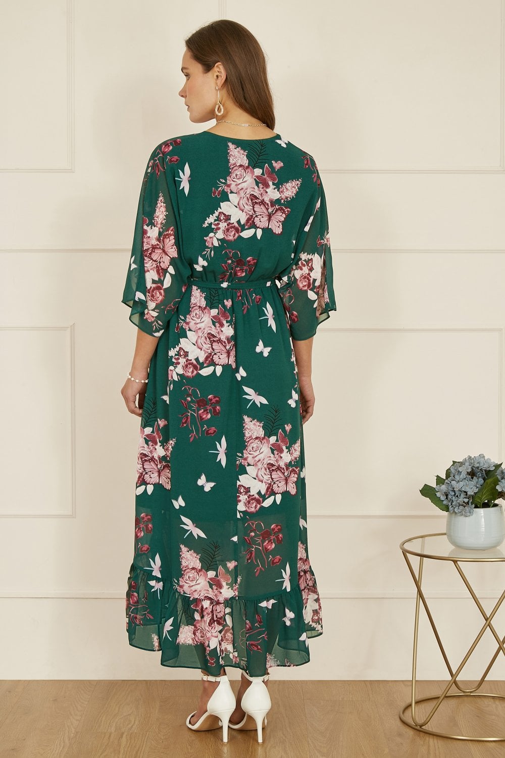 Yumi Green Floral Kimono Dipped Hem Dress - QHA UK