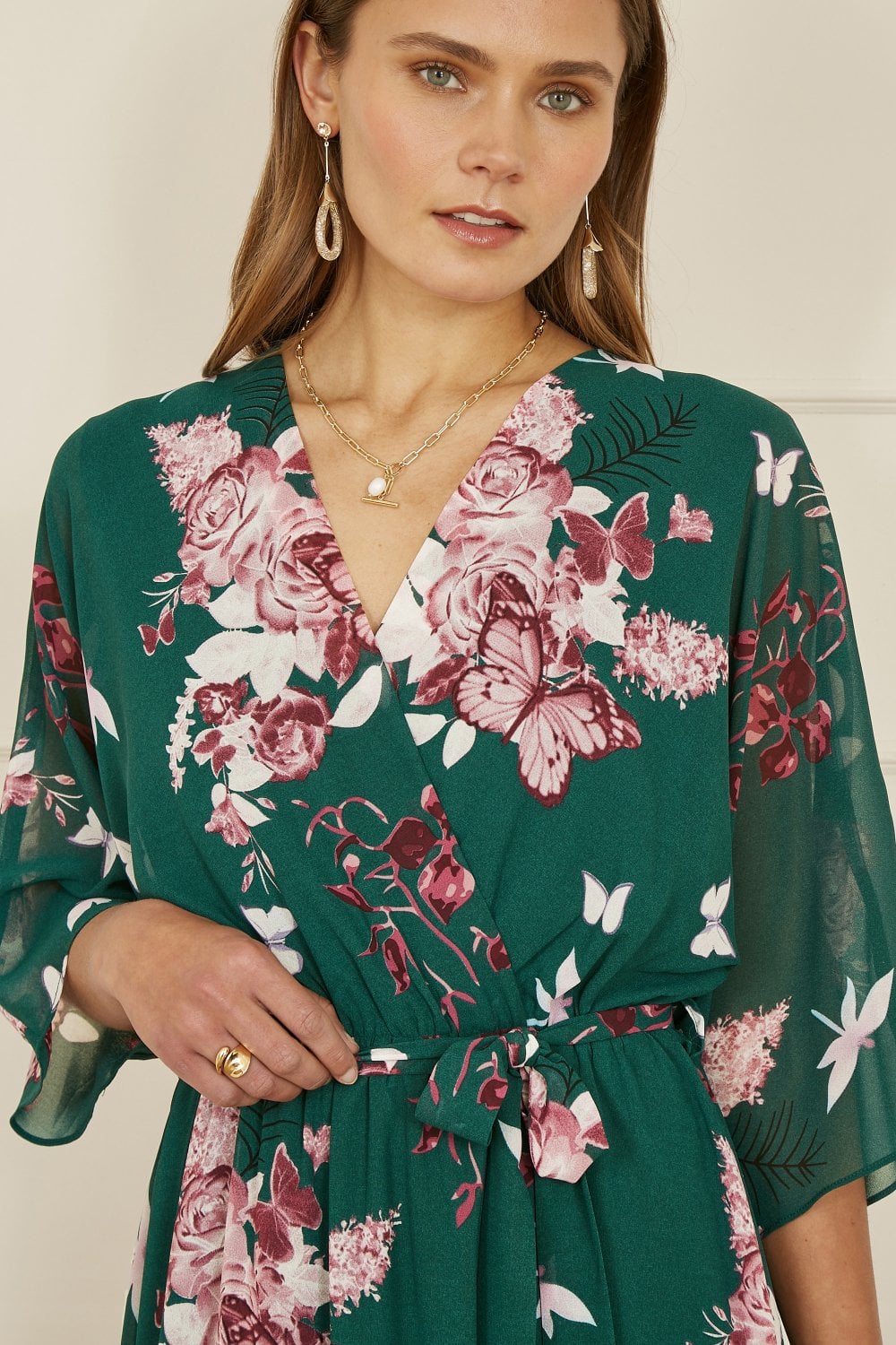 Yumi Green Floral Kimono Dipped Hem Dress - QHA UK