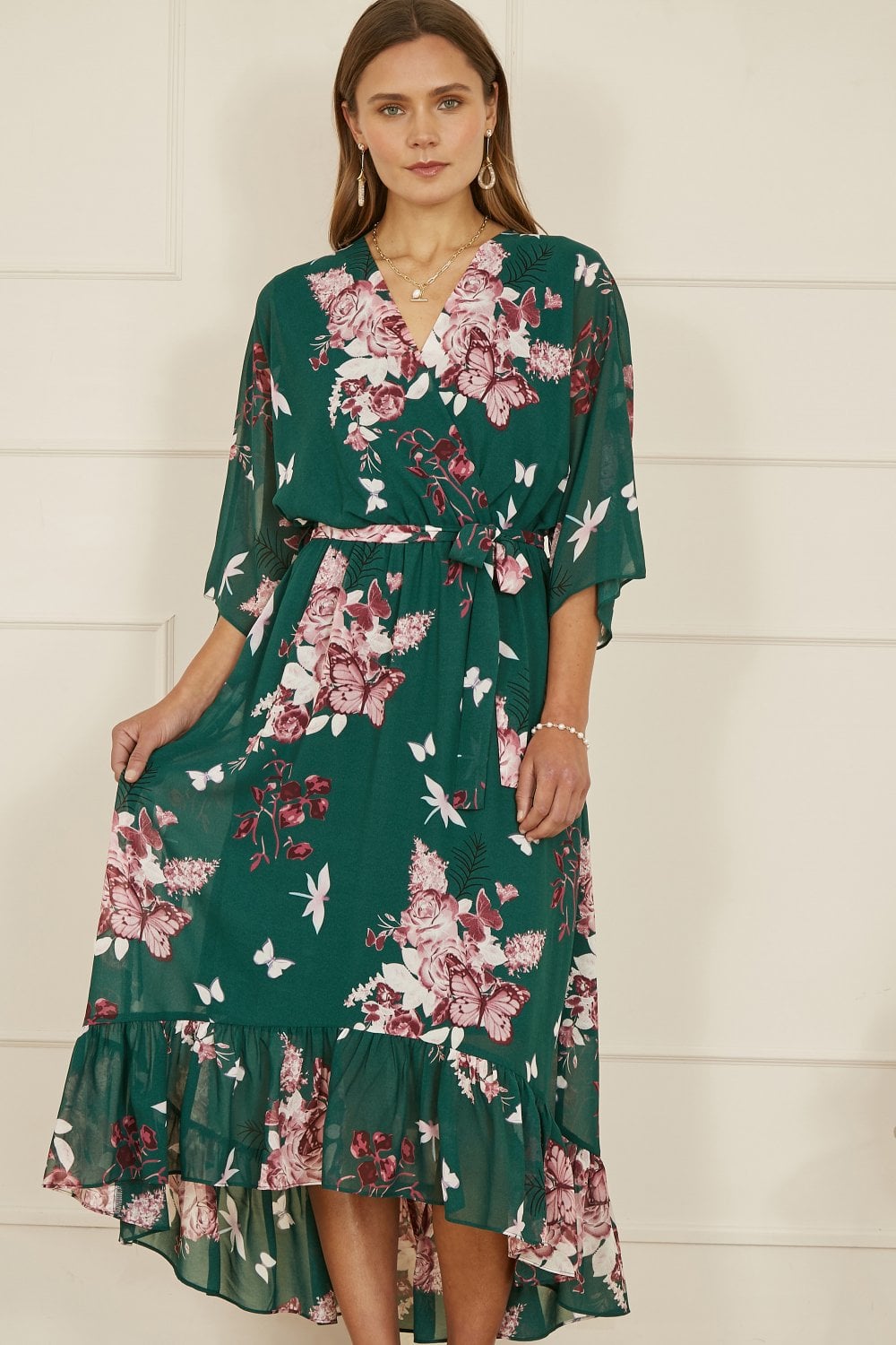 Yumi Green Floral Kimono Dipped Hem Dress - QHA UK