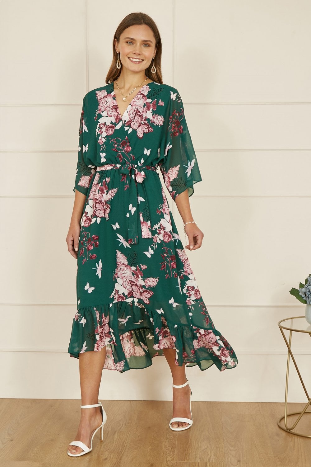 Yumi Green Floral Kimono Dipped Hem Dress - QHA UK