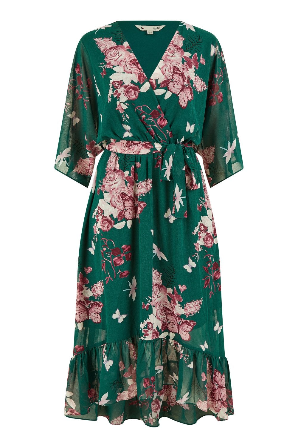 Yumi Green Floral Kimono Dipped Hem Dress - QHA UK