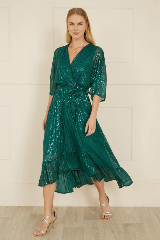 Yumi Green Sequin Kimono Midi Wrap Dress - QHA UK