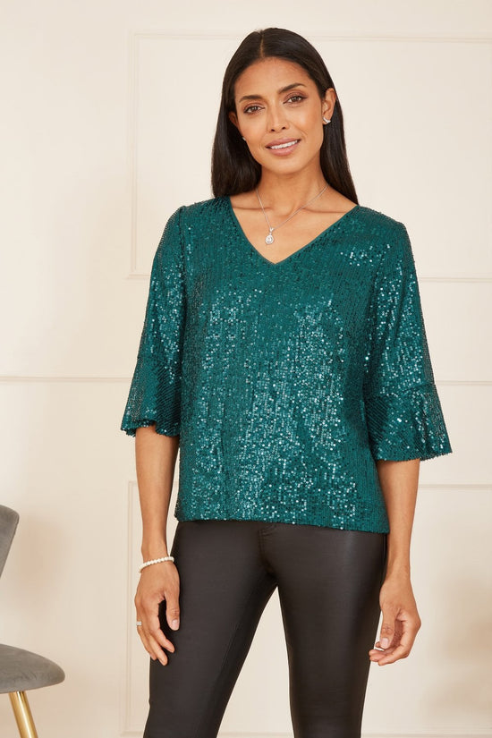 Yumi Green Sequin Top With Fluted Sleeve - QHA UK
