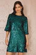 Yumi Green Sequin Tunic Dress With Balloon Sleeves - QHA UK