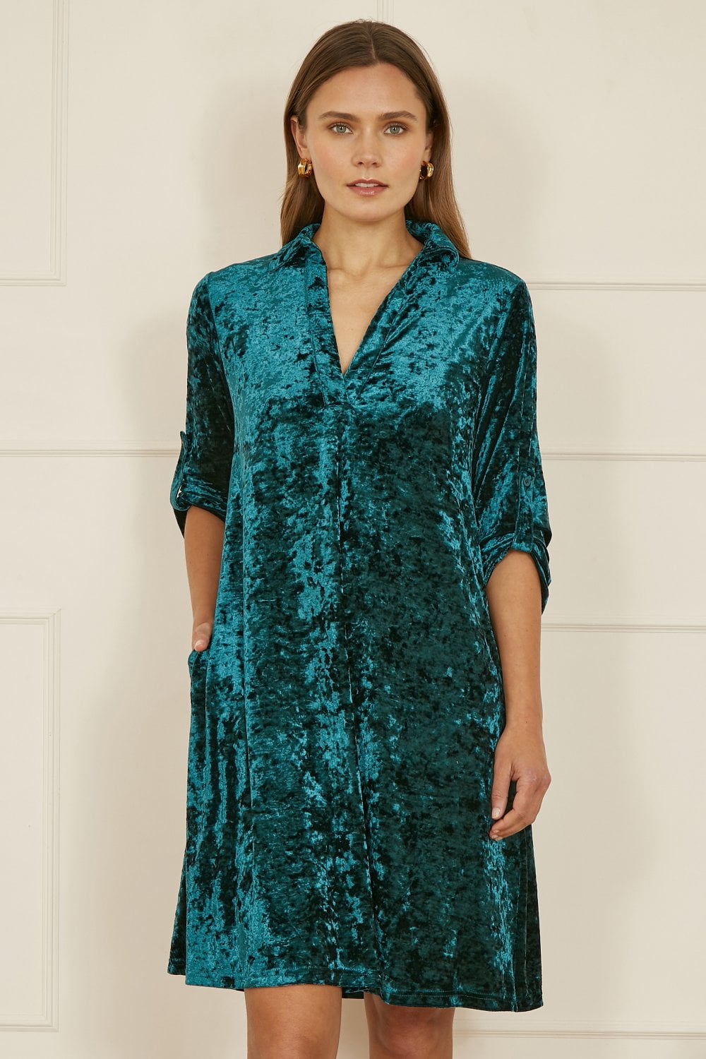 Yumi Green Velvet Tunic Dress With 3/4 Sleeves - QHA UK