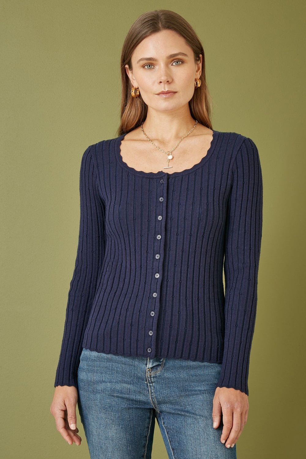 Yumi Navy Fitted Rib Button Up Cardigan