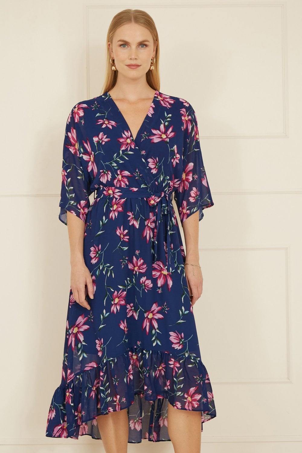 Yumi Navy Floral Kimono Dipped Hem Dress - QHA UK