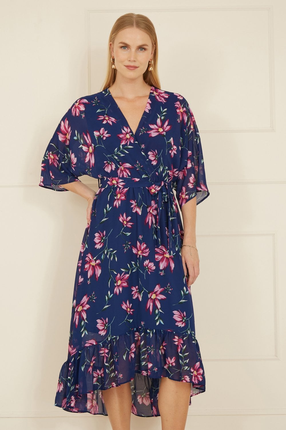 Yumi Navy Floral Kimono Dipped Hem Dress - QHA UK