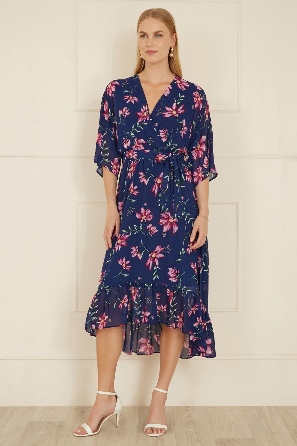 Yumi Navy Floral Kimono Dipped Hem Dress - QHA UK