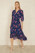 Yumi Navy Floral Kimono Dipped Hem Dress - QHA UK