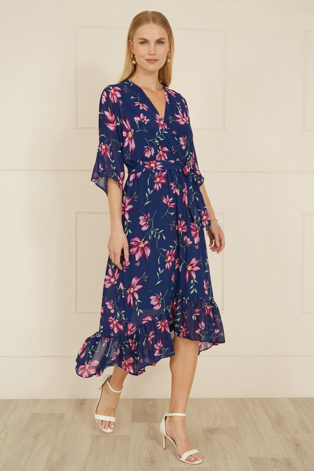 Yumi Navy Floral Kimono Dipped Hem Dress - QHA UK