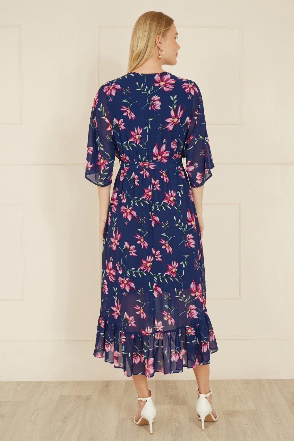 Yumi Navy Floral Kimono Dipped Hem Dress - QHA UK